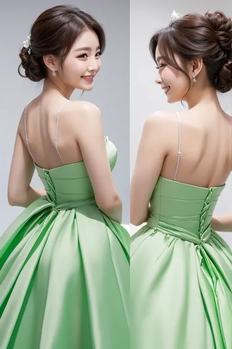 Back view、smile、A green wedding dress with a bit of back、Beautiful Skin、White background、Korean women、Ultra-high quality camera