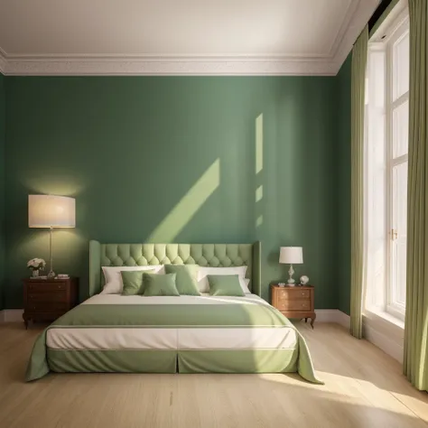 RAW photo, neoclassic bed room, green bed, Masterpiece, high quality, (realistic), (masterpiece,best quality:1.2), quality, authentic, super detail, interior,daylight, vray, luxury, 8k uhd, dslr, soft lighting, high quality, film grain, Fujifilm XT3