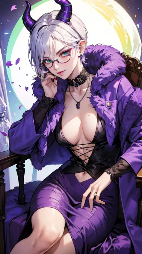 8k, masterpiece, best quality, highly detailed, 1 girl, tiefling, warlock, multicolored hair, very short straight hair green highlight hair on white hair, strippled hair, wearing glasses, round glasses, earrings, red eyeshadow, long eyelashes,navel piercin...