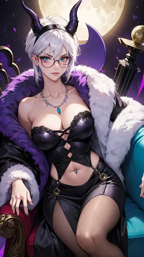 8k, masterpiece, best quality, highly detailed, 1 girl, tiefling, warlock, multicolored hair, very short straight hair green highlight hair on white hair, strippled hair, wearing glasses, round glasses, earrings, red eyeshadow, long eyelashes,navel piercin...