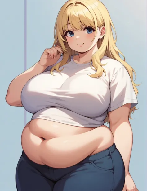 Beautiful plus size anime girl, fashion able overweight girl, pretty, large breasts, wide hips, big tummy, large stomach, cute stomach bump, fashion, outfit, cool pretty clothes, long hair, waist length hair, blonde hair, straight hair, stomach rolls, back...