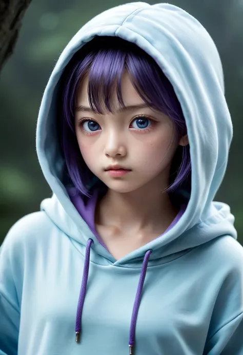 An amazing, realistic and photo-realistic masterpiece of a 7-year-old Japanese girl with short light blue hair, purple eyes, and wearing a black hoodie and hoodie hood. The girl has a beautifully detailed face with a serious look and long eyelashes. Her ha...