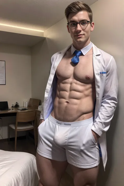 1boy, (Blue Eyes), happy smile,American boy,18 years old,Wear glasses,man hot nerd,young, thick body, slender, sport body build, child-like,White Teenage boy ,professional studio photo of male jakipz standing in a modern hospital room dressed as a doctor, ...