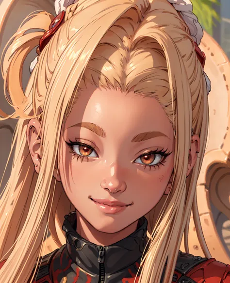 womans face, long blonde hair, smiling, sun is red, (digital painting, concept art, smooth, sharp focus, intricate details, close-up, masterpiece: 1.2)