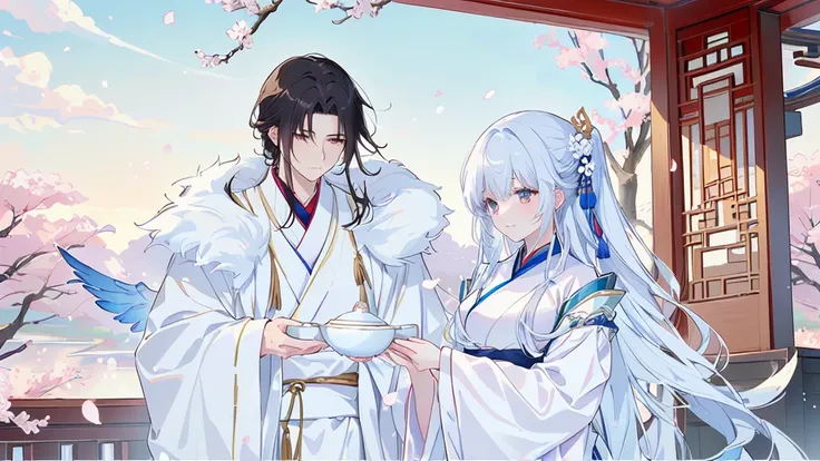 Anime couple in traditional costumes standing in front of cherry blossom trees, flowing white robe, White Hanfu, Long flowing hair and robes, Wearing a white robe!, palace ， Girl wearing Hanfu, Wing Wall and Shurak, Gu Weiss, cotton cloud mage robes, Hanfu...