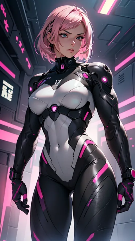 Beautiful cybernetic girl detailed muscles realistic masterpieces full figure pose (best quality,ultra-detailed), pink hair, fair skin, fit body, slim figure, narrow waist, (cocky expression), black carbon fiber cybernetic mobile combat suit, dynamic pose