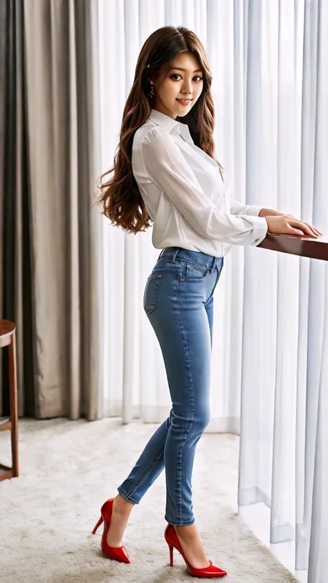 score_9, score_8_up, score_7_up, detailed soft lighting, beautiful Seolhyun (KPop star), a pair of ggx heels, full body shot, from side, white shirt, red heels, blue jeans, long sleeves, innocent face, flirtatious smile, flowing hair, (masterpiece, best qu...