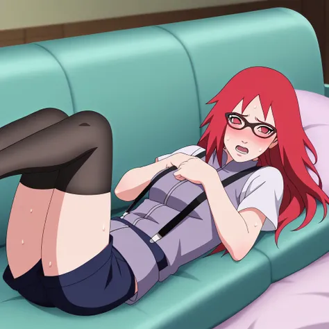 Red hair, 1 Girl, Glasses, Long hair, Red Eyes, Solitary,  Umbilical cord, Looking at the audience，No students, Japanese cartoons screencap, Japanese cartoons coloring,src_Japanese cartoons,Naruto (series), Naruto shippuuden,（（blush，nervous，Vision，））master...