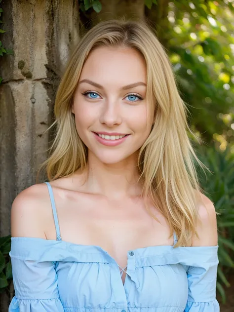 A young blond woman，With piercing blue eyes and a warm smile, Wearing a dress，Outdoor travel