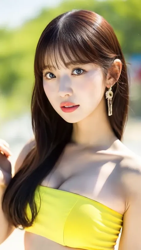 Close-up of a woman in a yellow bikini taking a photo, Korean Girls, Depends on the model | Anointing of the Arts, Trending on cgstation, Beautiful Korean Women, Sexy Girl, beautiful Asian Girl, 8k Anointing of the Arts bokeh, Trending on cgstation, Asian ...