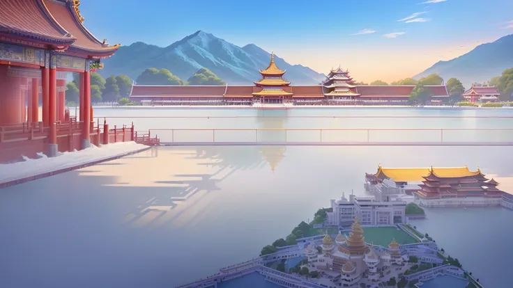 A cartoon illustration of Chinese buildings with a lake view, Palace Background, Temple Background, background technology, Downtown Background, ballroom background, Volleyball court background, Arena Background, Depicting the background of the temple, zen ...