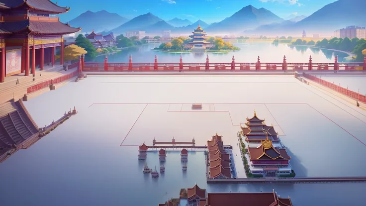 A cartoon illustration of Chinese buildings with a lake view, Palace Background, Temple Background, background technology, Downtown Background, ballroom background, Volleyball court background, Arena Background, Depicting the background of the temple, zen ...