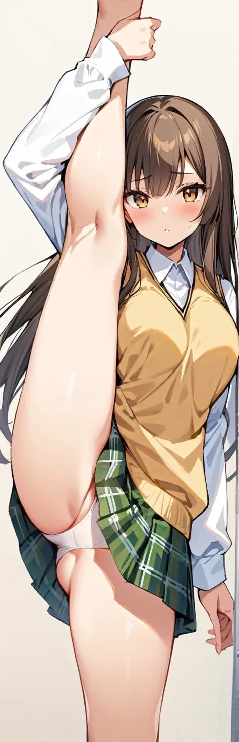 (masterpiece, best quality:1.2), 1girl, solo,standing_split, 
Mikan Yuuki, brown eyes, brown hair, hair ornament,long hair,green plaid skirt, sainan high , , white shirt, yellow sweater vest,no panty

