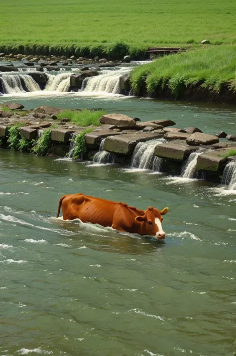 Some cows are eating in green ground side in river cartoon theme 