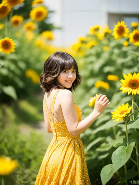 Image quality:best quality
Camera Focus: blur background
light:Side light
composition:Composition of thirds、Standing in front、Looking at the camera person:20 years old woman,Japanese,actress
pose:Hands behind the back:Sunflower field foreground:Sunflower h...