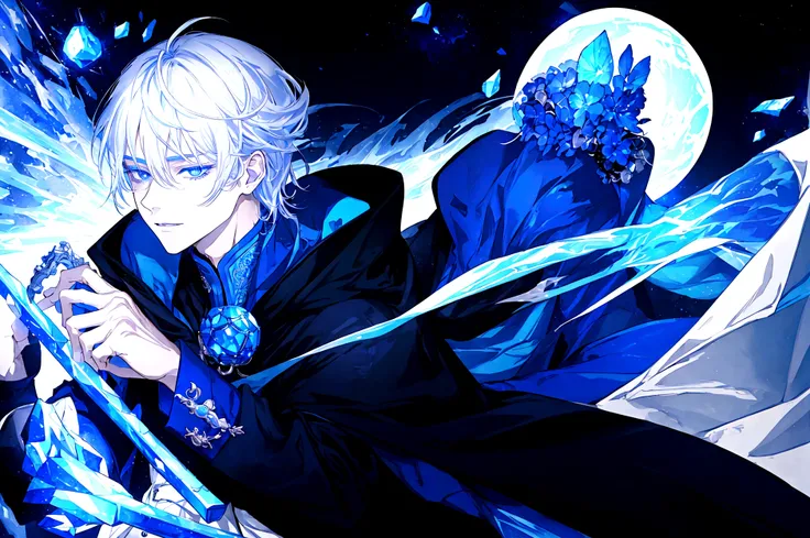 Sorcerer Divine Soul man, he has a silver hair and blue eyes, he wear a hood and wear gloves.