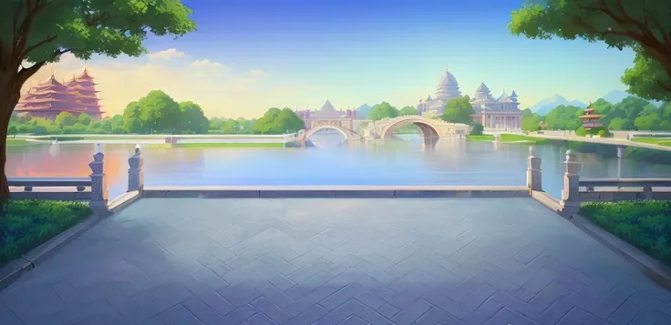 There is a painting，There is a bridge across the lake in the painting，There is also a bridge in the background, Royal Garden Background, Park Background, background technology, Palace Background, background technologywork, anime background technology, Voll...