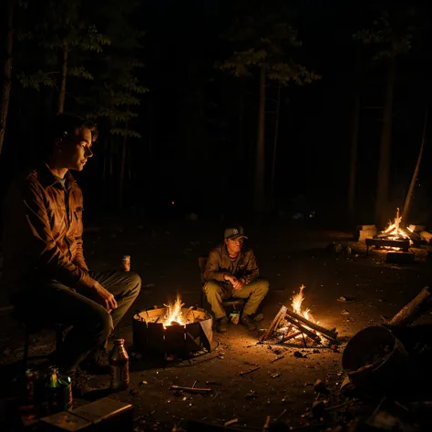 Night in the woods with campfire, and a couple of empty canned drinks on the side, some smokes