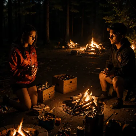 Night in the woods with campfire, and a couple of empty canned drinks on the side, some smokes