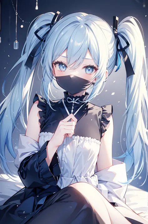 upper body, 1girl, wallpaper, light particles, bed, background, look at viewer, light blue hair, long hair, twintails, white eyes, ninja mask, 
