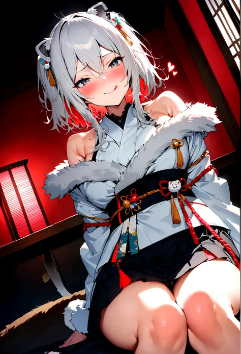 NSFW,masterpiece,Highest quality,High resolution,Super detailed,Shishirabotan(Hololive),Double Odango、flower、Side Lock、Lions tail、White kimono、Off the shoulder、fur ornament、Black Hakama、Short skirt,Bad smile,blush,Prostitute,(Red light district),Japanese-s...