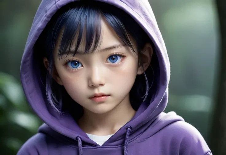 An amazing, realistic and photo-realistic masterpiece of a 7-year-old Japanese girl with short blue hair, purple eyes, and wearing a black hoodie and hoodie hood. The girl has a beautifully detailed face with a serious look and long eyelashes. Her hair is ...