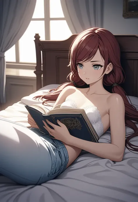 (Dusk), empty room, sunlight shining in through the window, (a lazy girl lying on an open book, looking at the audience, stoic expression: 1.3), solo, strapless white top, jeans, (gray eyes, eyelashes, dark red hair in low twin tails, swept bangs, toned ar...