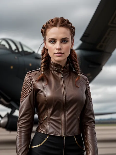 Eger and shiny, 8K, photo of the size of the beautiful European lady 50 years, braided updo, intricate detail, realistic texture, dynamic composition, high contrast,brown leather aviator jacket,military patches, red hair,flight hangar background