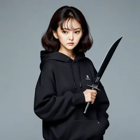 kang sae-byeok, squid game, jung ho-yeo, holding a knife with her hand, wearing a black hoodie, simple background