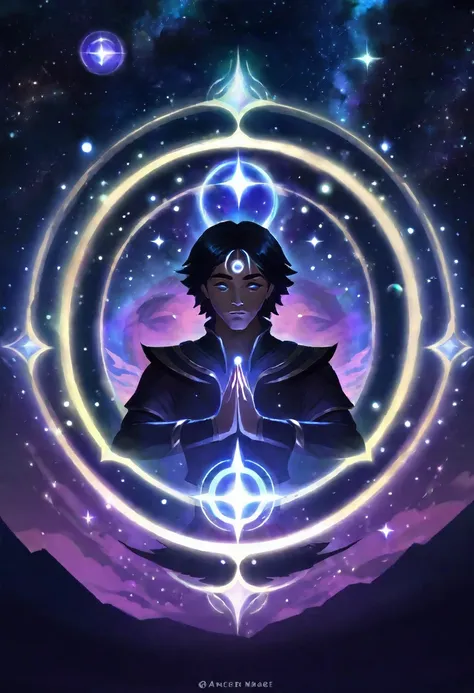 A man meditates in the endless starry sky，There are circles in his eyes，There are five shadows of different shapes around him.，Warrior Mage Archer Support Warrior，They surrounded this man，But she looks exactly like this man.