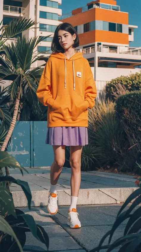 analog film photo cinematic photograph long shot portraits by Wes Anderson, cute 23 yo girl ,fokus, bokeh ,wear ((orange color oversized_hoodie)), wear ((purple tennis skirt)),looking front,Best Quality,Masterpiece,Ultra High Resolution,(Realisticity:1.4),...