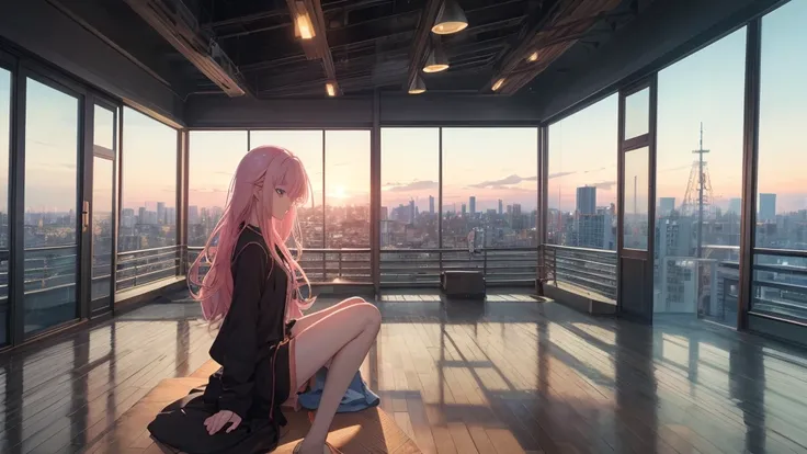 Absurd, High resolution, (Official Art, beautifully、aesthetic:1.2), Sit by the window and look outside, Girl listening to music, light pink long hair, Lo-fi Girl, Bright Sky, A vast world, Kaisei and Artgelm, Anime atmosphere, Lofi Artstyle, Anime Style 4k...