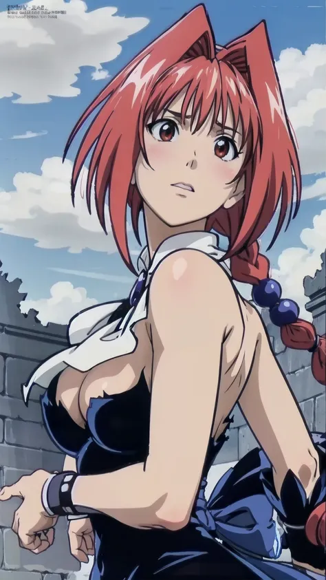 masterpiece, Highest quality,High resolution,Dorothy, Redhead,Red eyes, Have,dress,Braiding, black dress,One side of the dress is torn at the chest、Dust cloud、tits、Nipples fully visible、receive damage from an attack、anime、((Battle scene in the ruins))、blus...