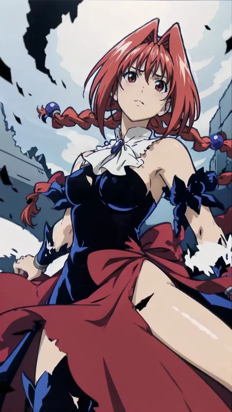 masterpiece, Highest quality,High resolution,Dorothy, Redhead,Red eyes, Have,dress,Braiding, black dress,One side of the dress is torn at the chest、Dust cloud、tits、Nipples fully visible、receive damage from an attack、anime、((Battle scene in the ruins))、blus...