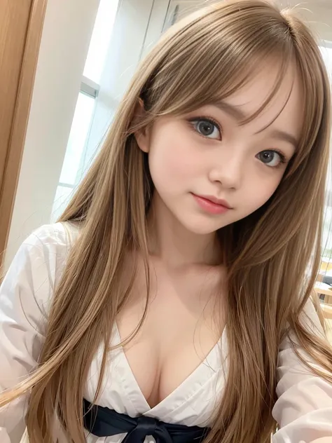 Bright honey-colored long hair with curls、long hair between the eyes、The most beautiful girl in the world at 15、Young body type, The Shining, Beautiful pale light blue eyes、Big double eyelid eyes、, Glossy lips round face、eyeliner、Snow-white skin、Glowing Sk...