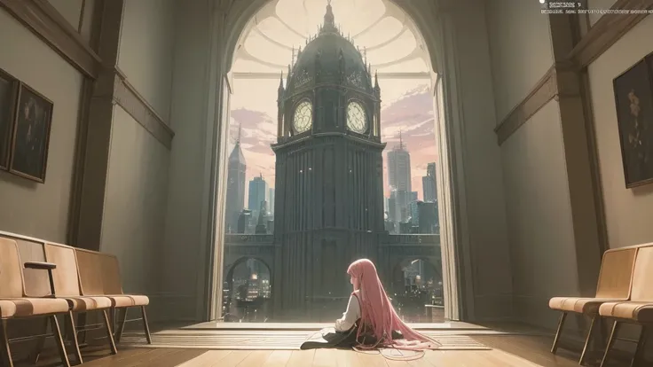 Absurd, High resolution, (Official Art, beautifully、mysterious:1.2), Sit by the window and look outside, Girl listening to music, light pink long hair, Lo-fi Girl, Bright Sky, A vast world, Kaisei and Artgelm, Anime atmosphere, Lofi Artstyle, Anime Style 4...