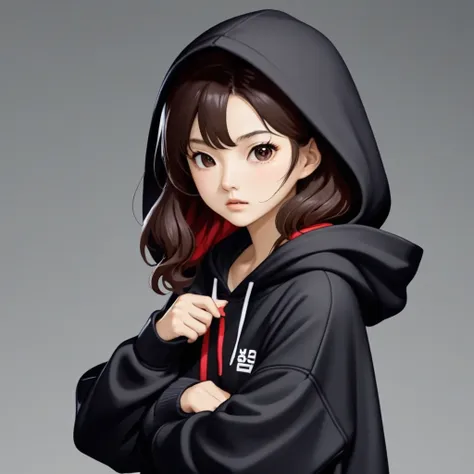 Kang Sae-byeok, Squid Game, Jung Ho-yeo, holding a knife with her hand, wearing a black hoodie, simple background,cool anime pose
