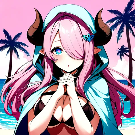 Vibrant, high-definition anime-style illustration set on a tropical beach. The layout features a central female character, Narmaya, with long pink hair, partially covered by a hooded cloak adorned with brown horns. She has fair skin, large expressive blue ...