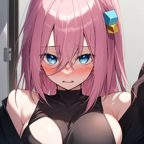 ((masterpiece)) (large breasts) (best quality) beautiful face, embarrassed, Gotoh hitori, pink hair, long hair, hair between eyes, blue eyes, cube hair ornaments, portrait, 