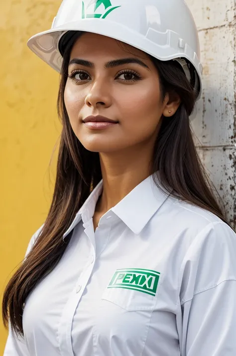 "Create an image of a realistic Mexican woman wearing a long-sleeve white shirt with the logo of the Mexican company Pemex on it. She is also wearing a white hard hat. The background should be a yellow wall. The womans face should look very lifelike and de...