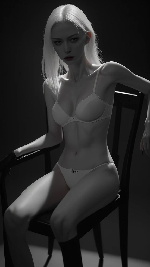 A thin, pale-skinned Russian woman, her bones visible through her skin, sitting in a chair, wearing only a bra and panties, her body glistening with sweat, masterpiece, hyperrealistic, 8k, photorealistic, highly detailed, dramatic lighting, cinematic compo...