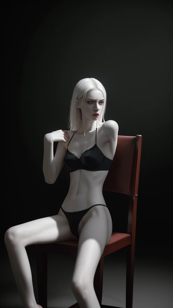 A thin, pale-skinned Russian woman, her bones visible through her skin, sitting in a chair, wearing only a bra and panties, her body glistening with sweat, masterpiece, hyperrealistic, 8k, photorealistic, highly detailed, dramatic lighting, cinematic compo...