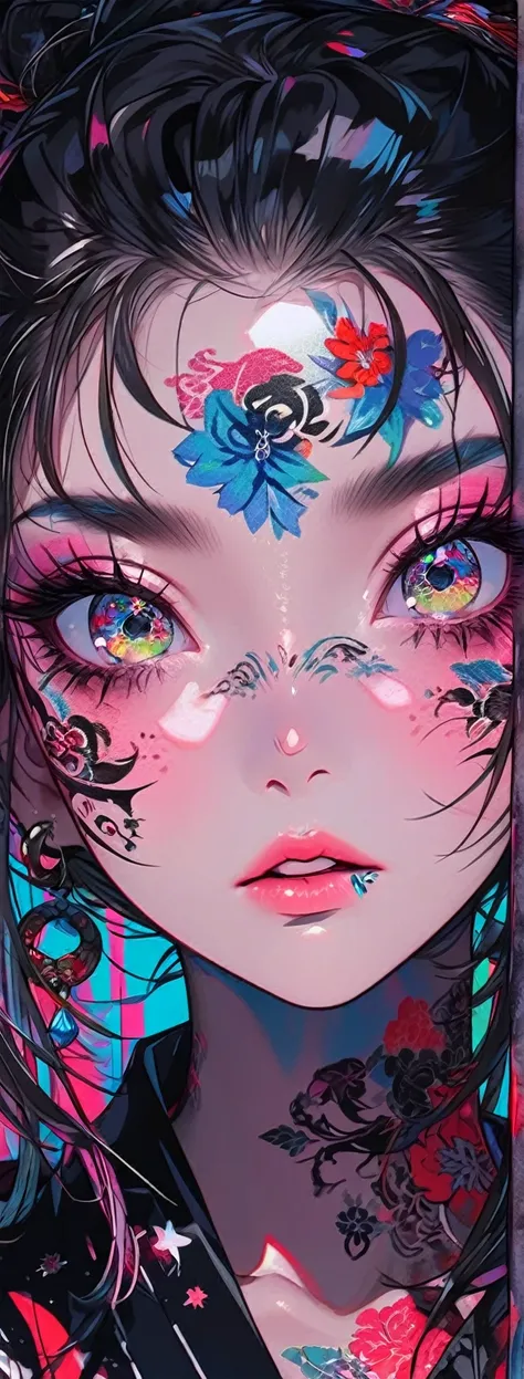 Slender Shinobi girl informal, candid yukata with cutouts, bandages, tattoos, piercings, abstract oriental drawings, modern neon Asia, hair gathered in a bun with oriental jewelry, lip gloss, dark eyeliner, red and black tones with sakura and lycoris petal...