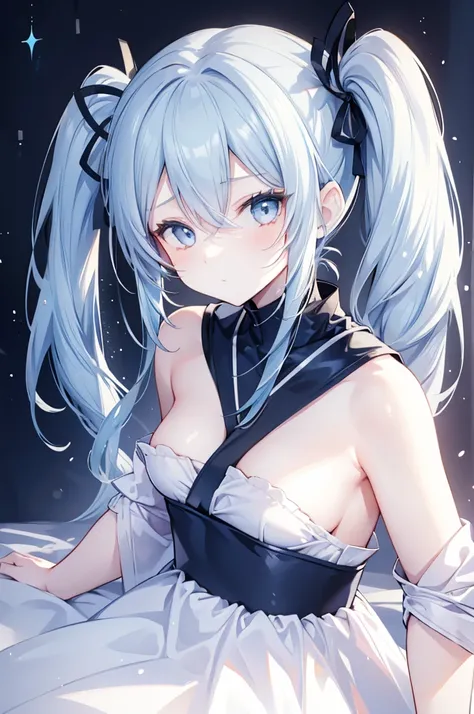 upper body, 1girl, wallpaper, light particles, bed, background, look at viewer, light blue hair, long hair, twintails, white eyes, ninja mask,