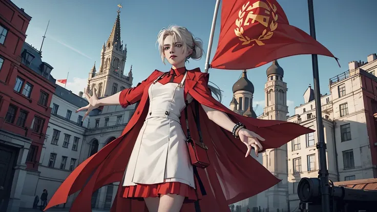 Soviet style scene，Maid，Red flag flying，Spectacular，Magnificent，style，