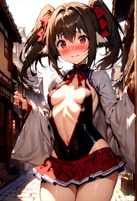 NSFW,masterpiece,Highest quality,High resolution,Super detailed,Nekone (Utawarerumono),Brown Hair、（Red Eye：1.3）、ribbon,Twin tails、ヘアribbon、Mole、目の下のMole,Small breasts,Fantasy World,Shopping Street,Japanese style,mini skirt,leotard,Half-naked,Open clothes,E...