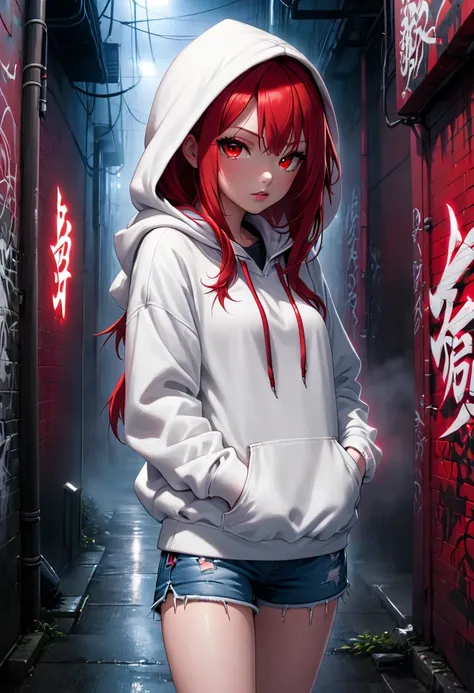 1girl, white hoodie, wearing the hood, red hair, red eyes, jean shorts, dark alley, red graffiti, japanese led, fog