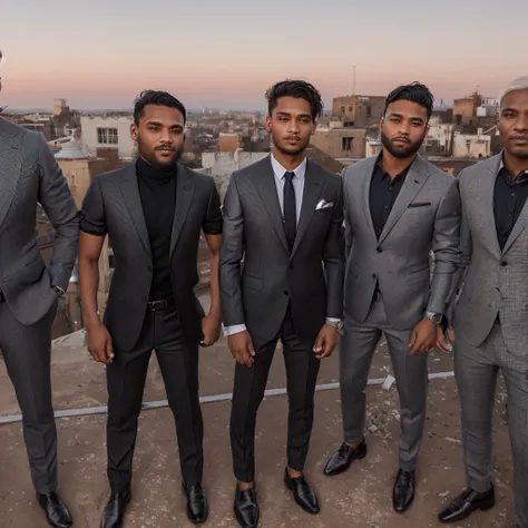 several men in suits standing on a roof with a city in the background, wearing suits!, all the people are wearing suits, dressed in a jodhpuri suit, competition winning, wearing a suits, well - dressed, photo taken in 2 0 2 0, well dressed, stylish pose, w...