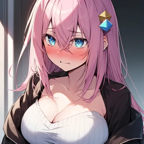 ((masterpiece)) (large breasts) (best quality) beautiful face, embarrassed, Gotoh hitori, pink hair, long hair, hair between eyes, blue eyes, cube hair ornaments, portrait, white sweater, bare neck, 