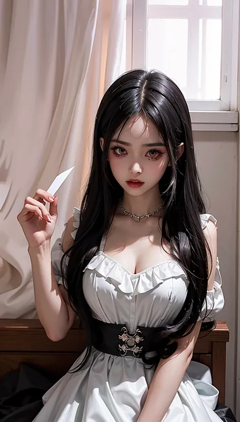 Araffe vestido com um vestido branco e vestido preto e branco, cruel korean goth girl, Ulzzang, Bloody, olhar assustador, gothic horror vibes, pale woman covered with blood, Gapmoe Yandere Grimdark, Gapmoe Yander, aesthetics of horror, brutal sangrenta e m...